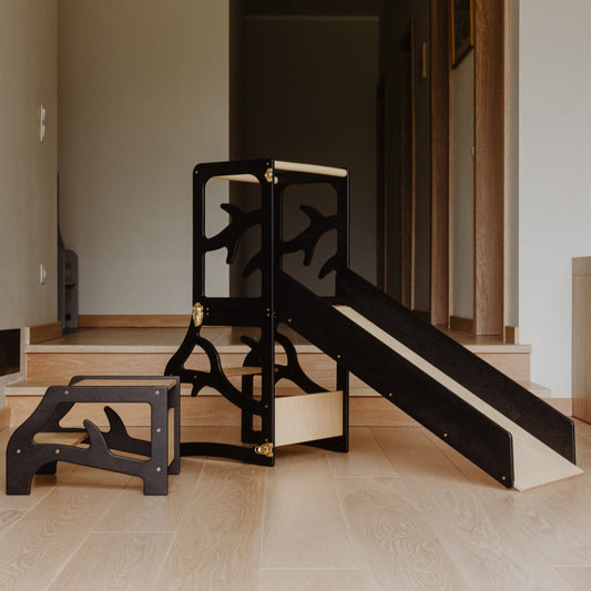 4in1 Lernturm mit Tisch, Rutsche & Tritthocker - Baum - Design - Schwarz - Juniorito