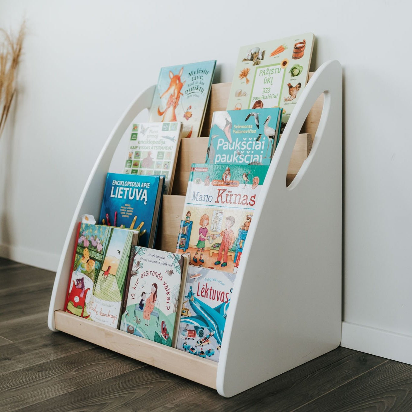 Montessori Bücherregal aus Massivholz | Weiß & Grau