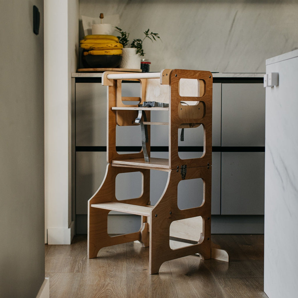 3in1 Lernturm mit Hochstuhl & Tisch - Klarlack - Juniorito