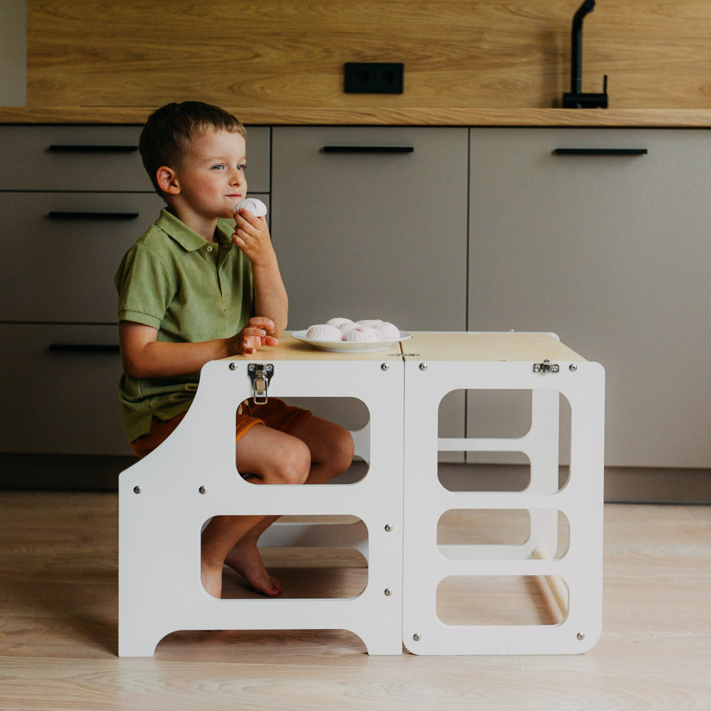 3in1 Lernturm mit Hochstuhl & Tisch - Klarlack - Juniorito