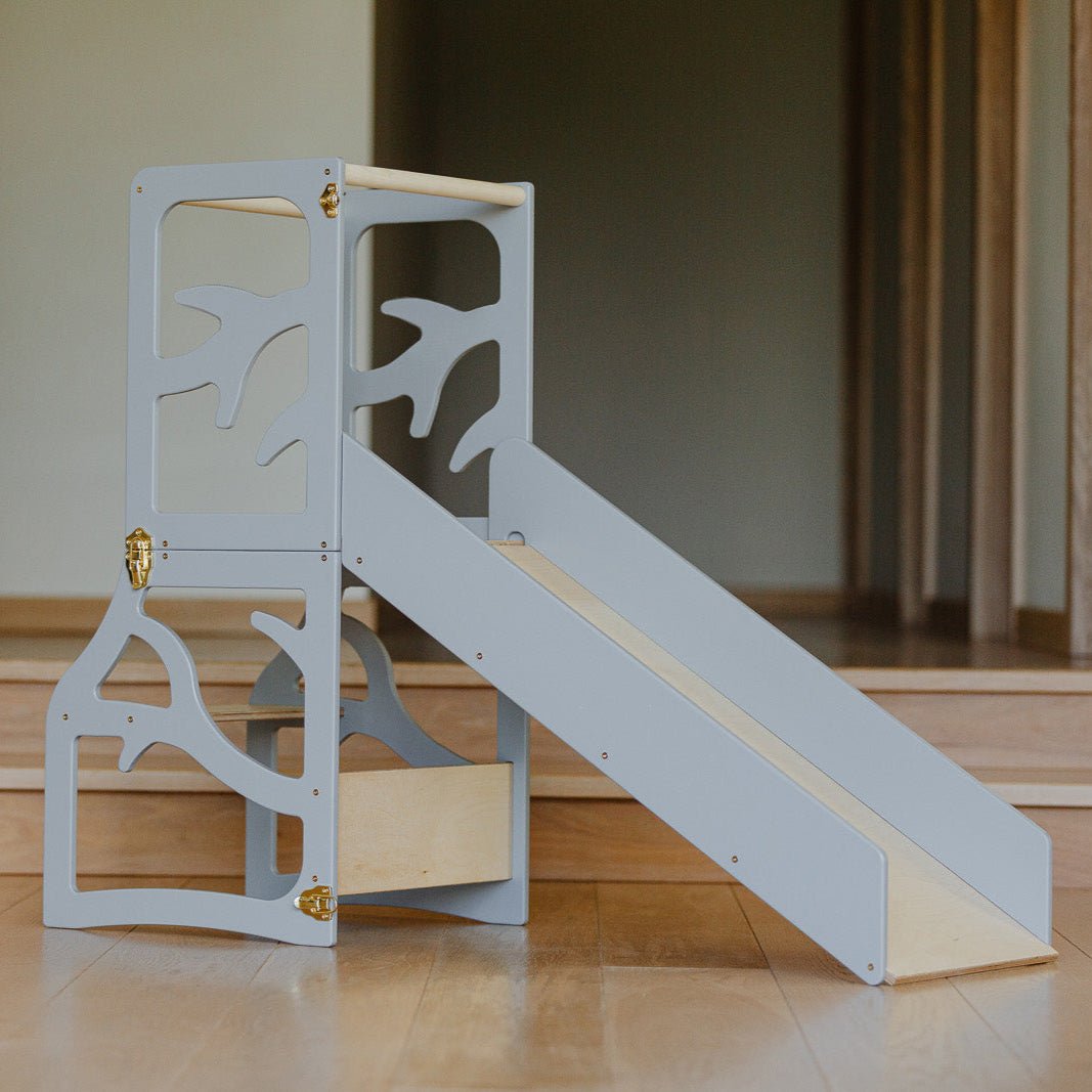 3in1 Lernturm mit Rutsche & Tisch - Baum - Design - Grau - Juniorito