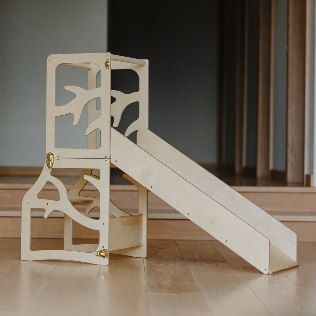 3in1 Lernturm mit Rutsche & Tisch - Baum - Design - Klarlack - Juniorito