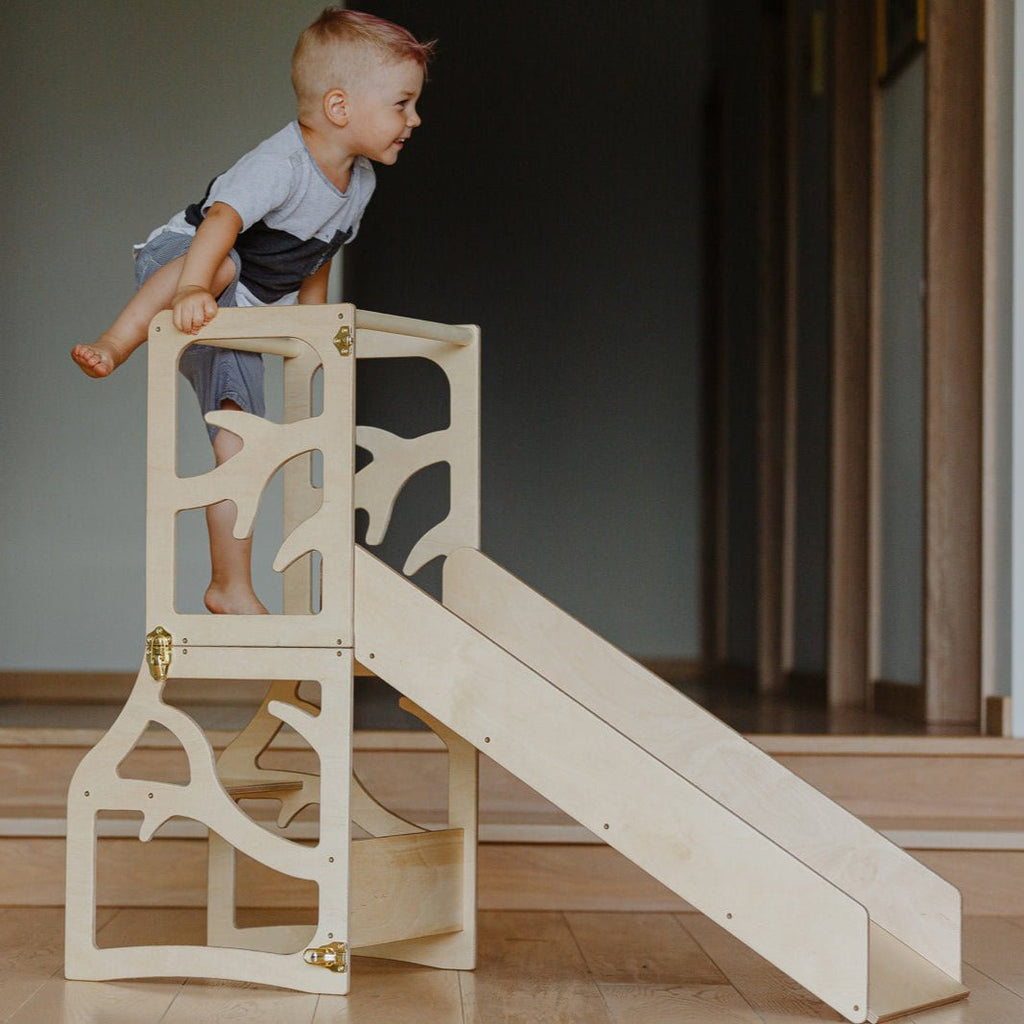 3in1 Lernturm mit Rutsche & Tisch - Baum - Design - Klarlack - Juniorito