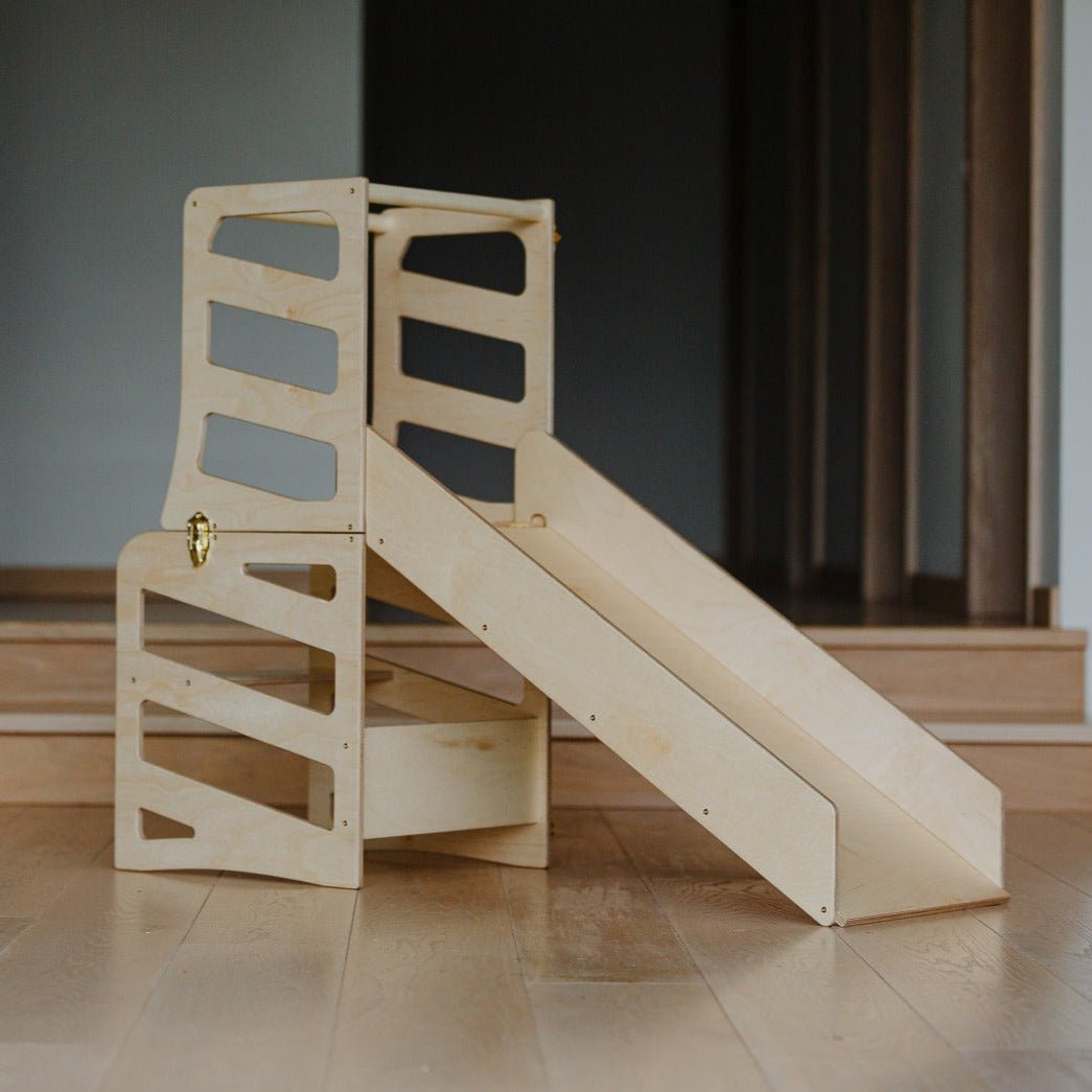 3in1 Lernturm mit Rutsche & Tisch - Streifen - Design - Klarlack - Juniorito