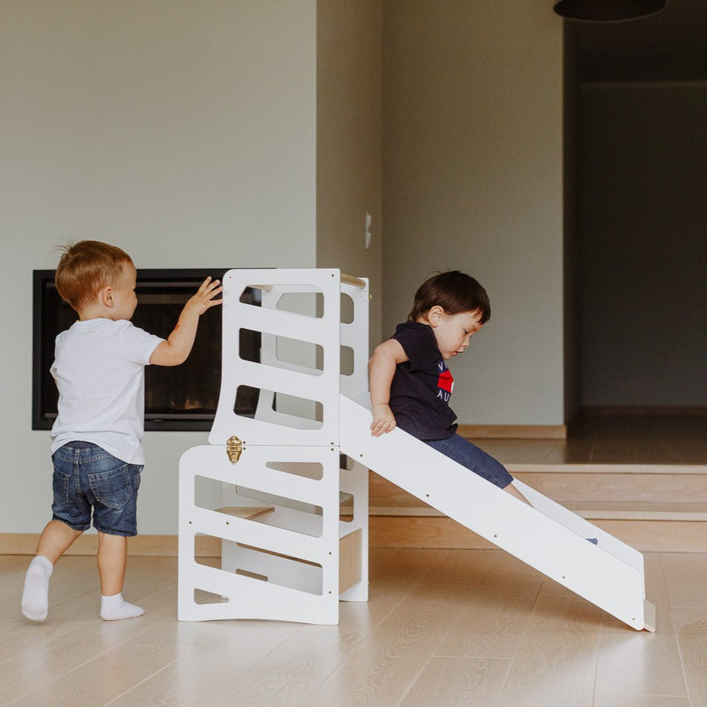 3in1 Lernturm mit Rutsche & Tisch - Streifen - Design - Klarlack - Juniorito