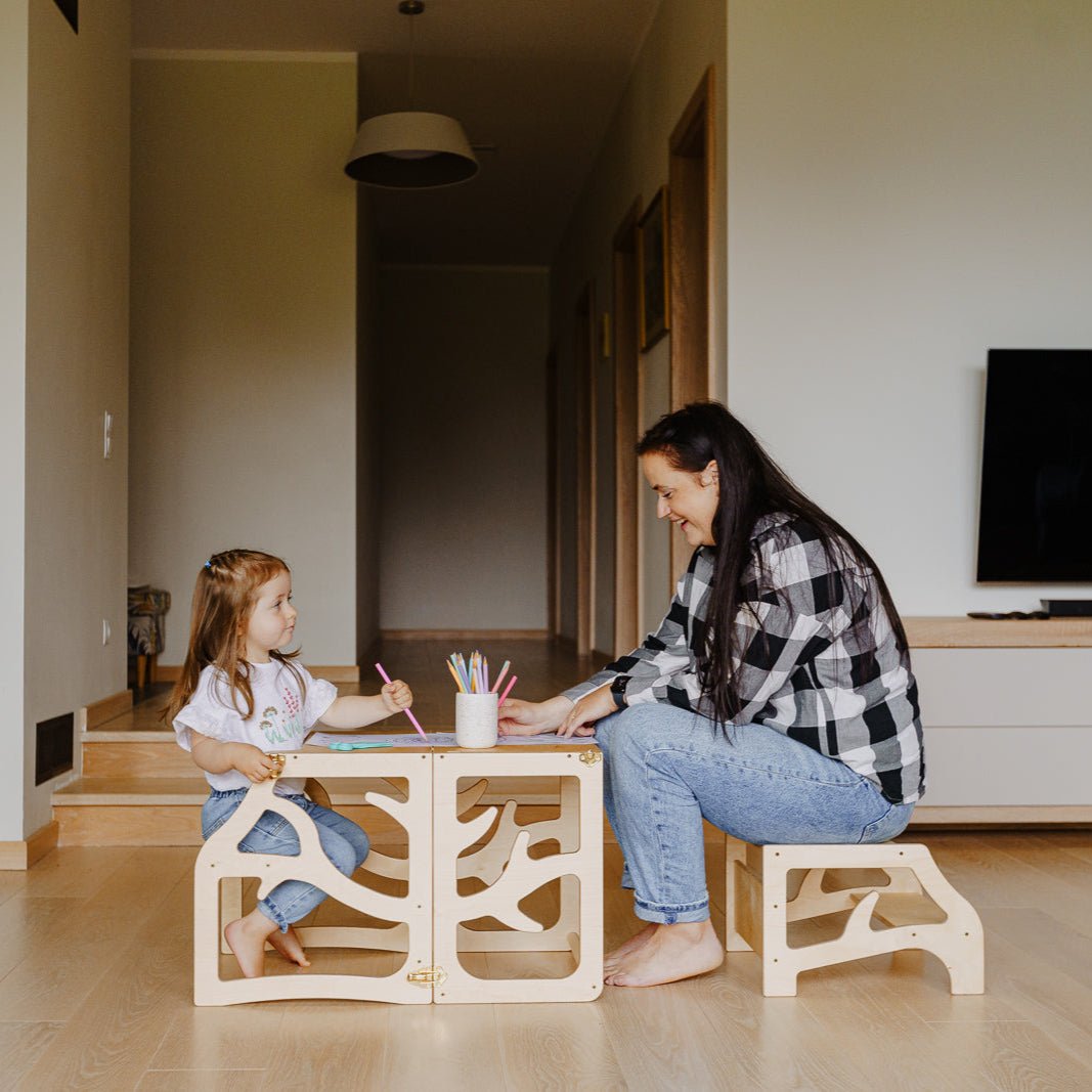 3in1 Lernturm mit Tisch & Tritthocker - Baum - Design - Klarlack - Juniorito