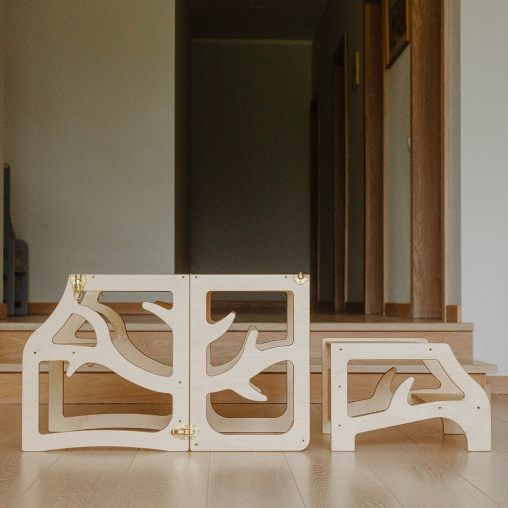 3in1 Lernturm mit Tisch & Tritthocker - Baum - Design - Klarlack - Juniorito