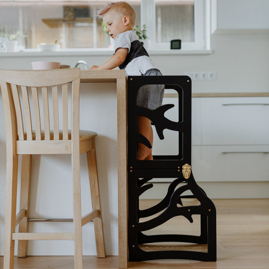 3in1 Lernturm mit Tisch & Tritthocker - Baum - Design - Schwarz - Juniorito