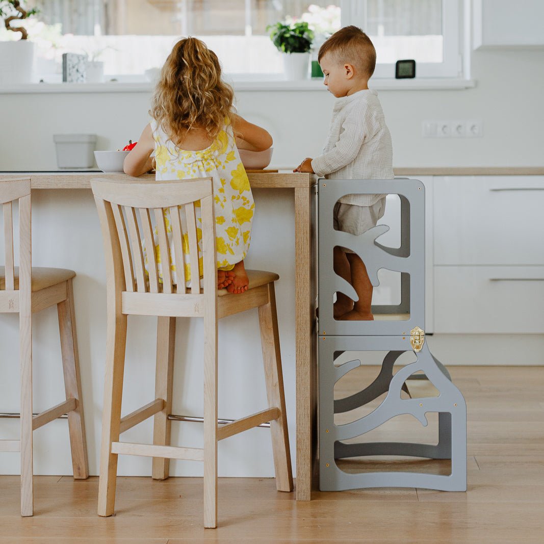 3in1 Lernturm mit Tisch & Tritthocker - Baum - Design - Schwarz - Juniorito