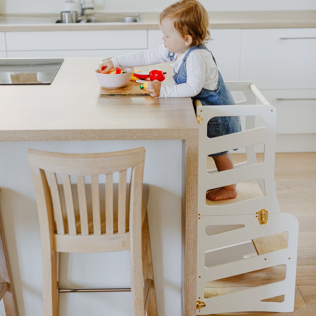 3in1 Lernturm mit Tisch & Tritthocker - Streifen - Design - Grau - Juniorito