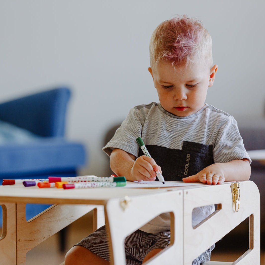 3in1 Lernturm mit Tisch & Tritthocker - Streifen - Design - Klarlack - Juniorito