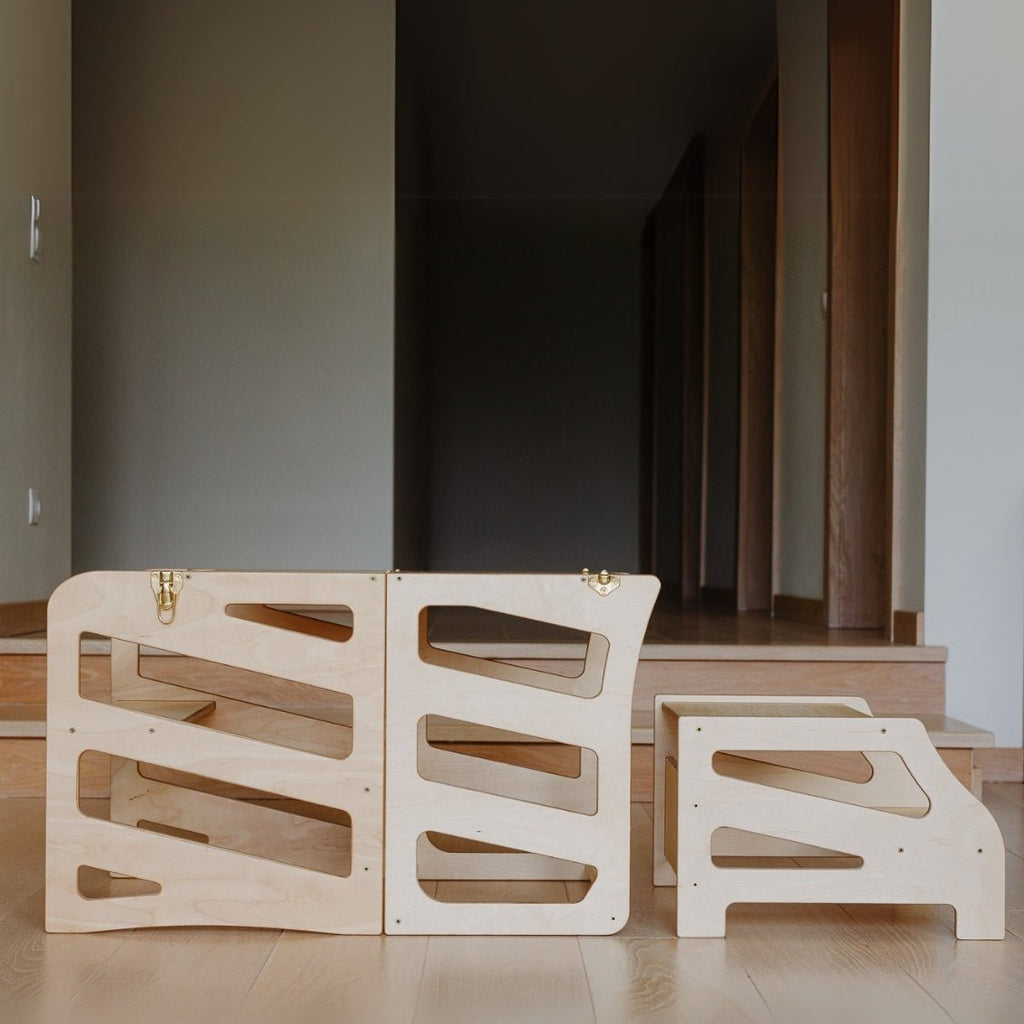 3in1 Lernturm mit Tisch & Tritthocker - Streifen - Design - Klarlack - Juniorito