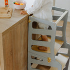 3in1 Lernturm mit Tisch & Tritthocker - Streifen - Design - Klarlack - Juniorito