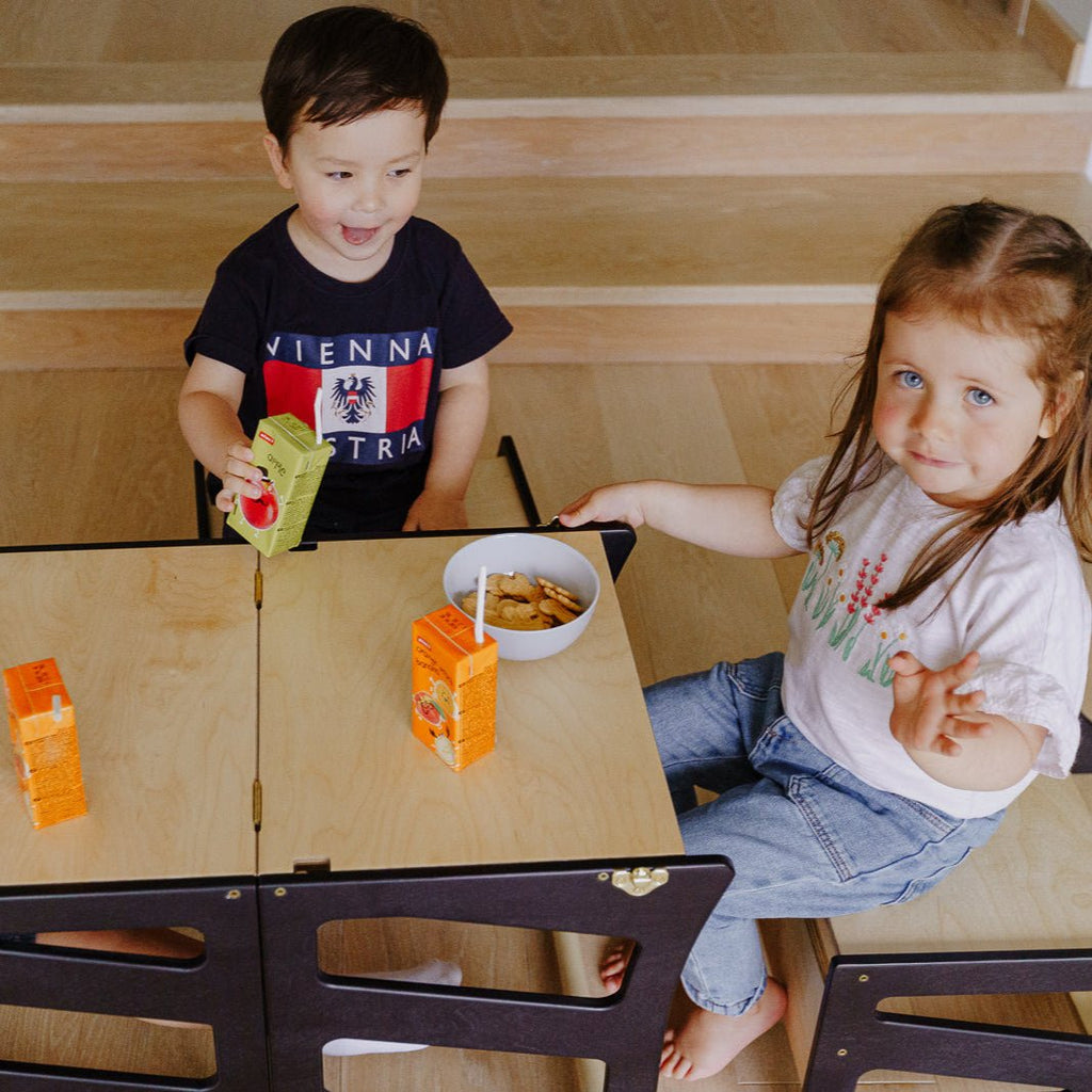 3in1 Lernturm mit Tisch & Tritthocker - Streifen - Design - Schwarz - Juniorito