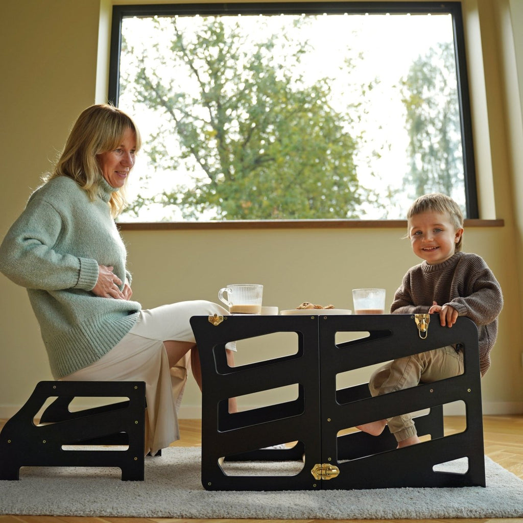 3in1 Lernturm mit Tisch & Tritthocker - Streifen - Design - Schwarz - Juniorito