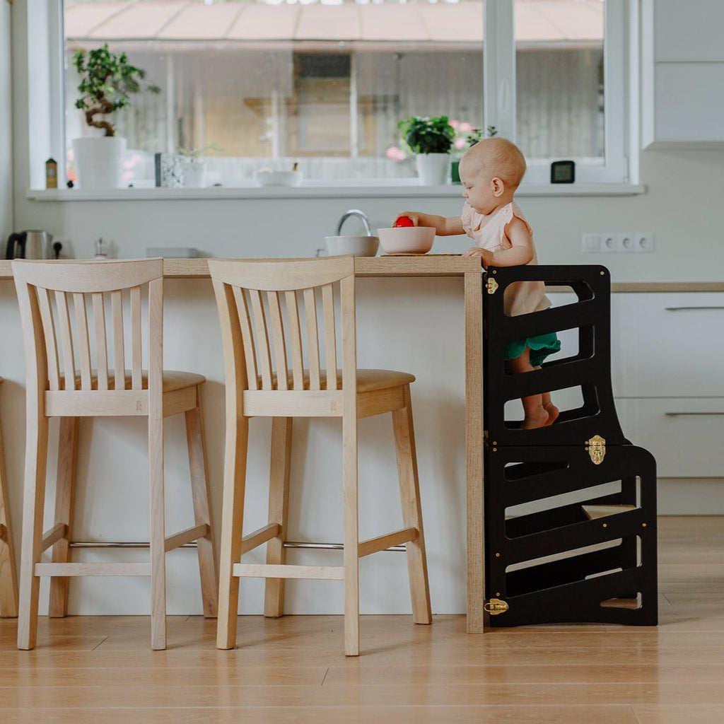 3in1 Lernturm mit Tisch & Tritthocker - Streifen - Design - Schwarz - Juniorito