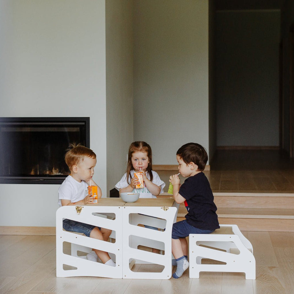 3in1 Lernturm mit Tisch & Tritthocker - Streifen - Design - Weiß - Juniorito