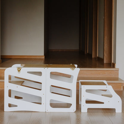 3in1 Lernturm mit Tisch & Tritthocker - Streifen - Design - Weiß - Juniorito