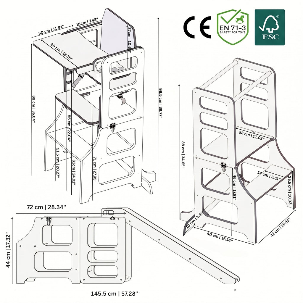 Grafik mit Abmessungen zum 2in1 Lernturm mit Tischfunktion; 3in1 Lernturm mit Rutsche & Tischfunktion; 3in1 Lernturm mit Hochstuhl Add-On & Rutsche / FSC-, CE- & EN71-3-zertifiziert