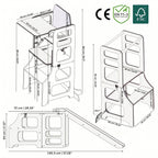 Grafik mit Abmessungen zum 2in1 Lernturm mit Tischfunktion; 3in1 Lernturm mit Rutsche & Tischfunktion; 3in1 Lernturm mit Hochstuhl Add-On & Rutsche / FSC-, CE- & EN71-3-zertifiziert