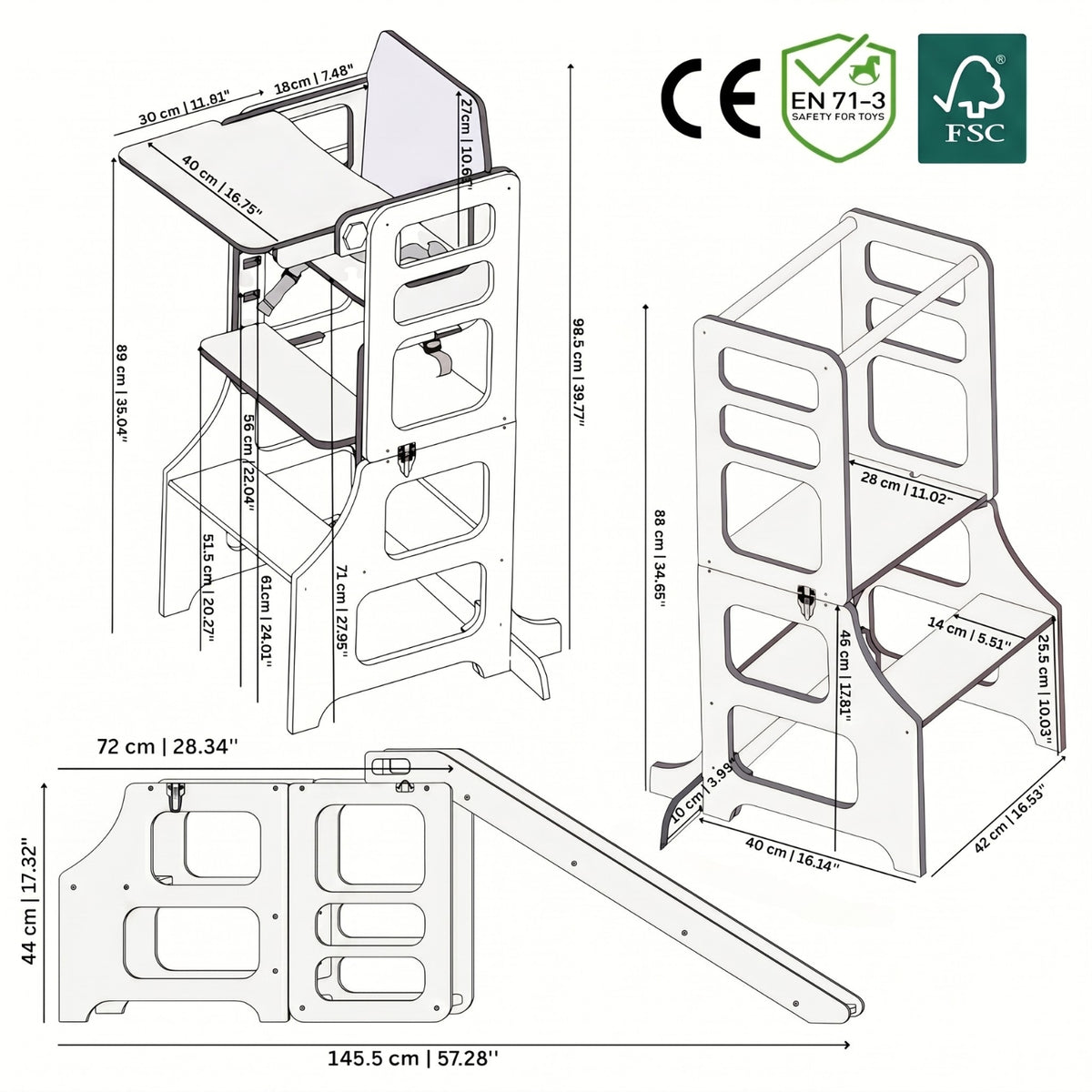 Grafik mit Abmessungen zum 2in1 Lernturm mit Tischfunktion; 3in1 Lernturm mit Rutsche & Tischfunktion; 3in1 Lernturm mit Hochstuhl Add-On & Rutsche / FSC-, CE- & EN71-3-zertifiziert