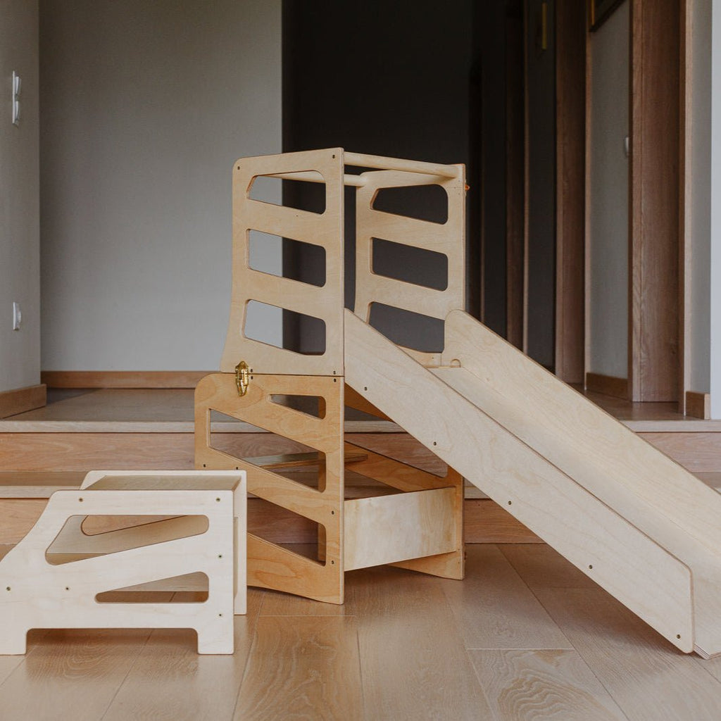 4in1 Lernturm mit Tisch, Rutsche & Tritthocker - Streifen - Design - Klarlack - Juniorito