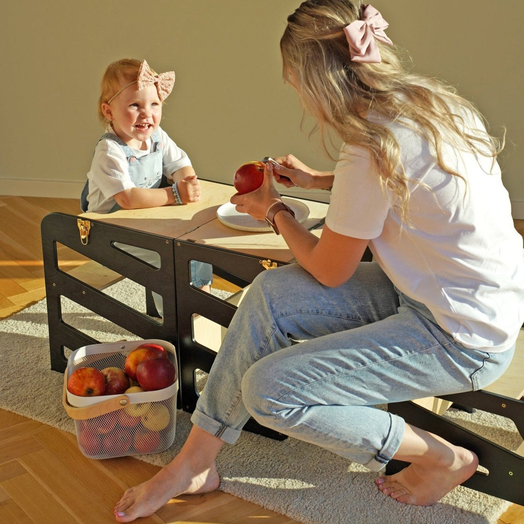 4in1 Lernturm mit Tisch, Rutsche & Tritthocker - Streifen - Design - Klarlack - Juniorito