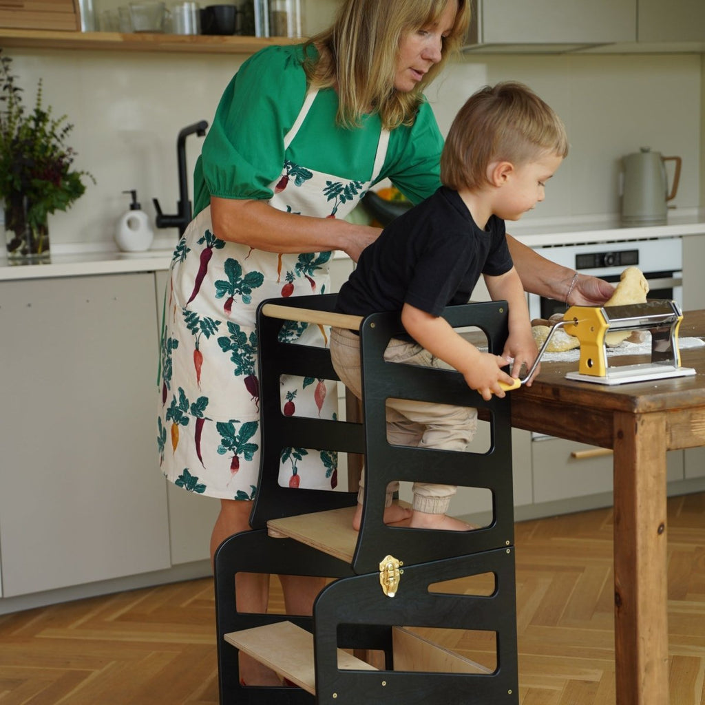 4in1 Lernturm mit Tisch, Rutsche & Tritthocker - Streifen - Design - Klarlack - Juniorito