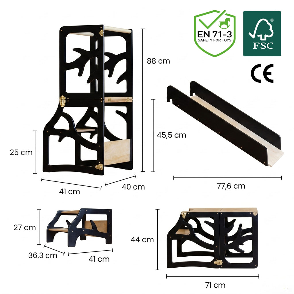 var:schwarz-lernturm / var:schwarz-lernturm-rutsche / var:schwarz-lernturm-hocker / var:schwarz-lernturm-rutsche-hocker / Baum-Design Lernturm mit Tischfunktion und Zubehör