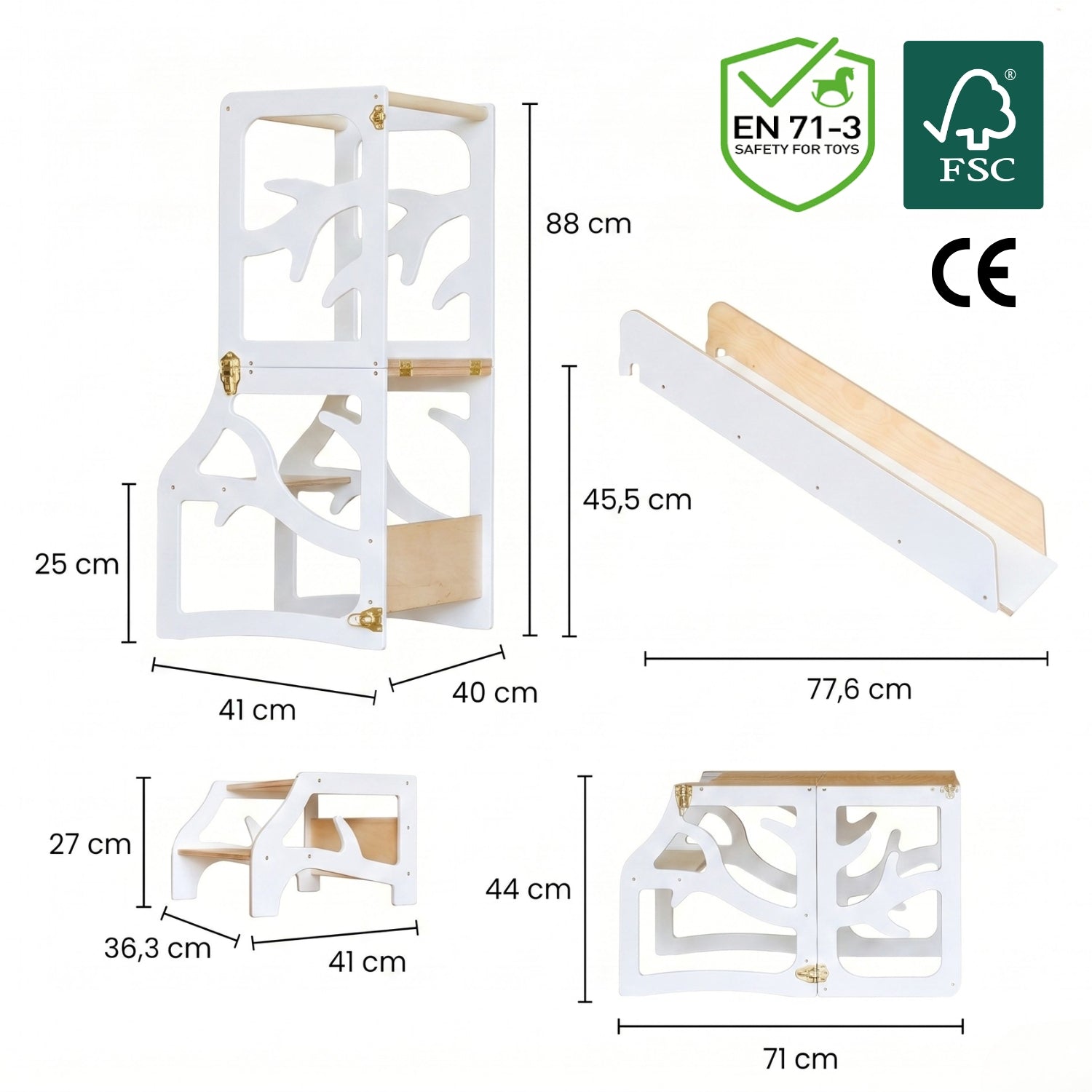 var:weiß-lernturm / var:weiß-lernturm-rutsche / var:weiß-lernturm-hocker / var:weiß-lernturm-rutsche-hocker / Baum-Design Lernturm mit Tischfunktion und Zubehör