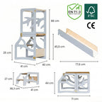 var:grau-lernturm / var:grau-lernturm-rutsche / var:grau-lernturm-hocker / var:grau-lernturm-rutsche-hocker / Baum-Design Lernturm mit Tischfunktion und Zubehör