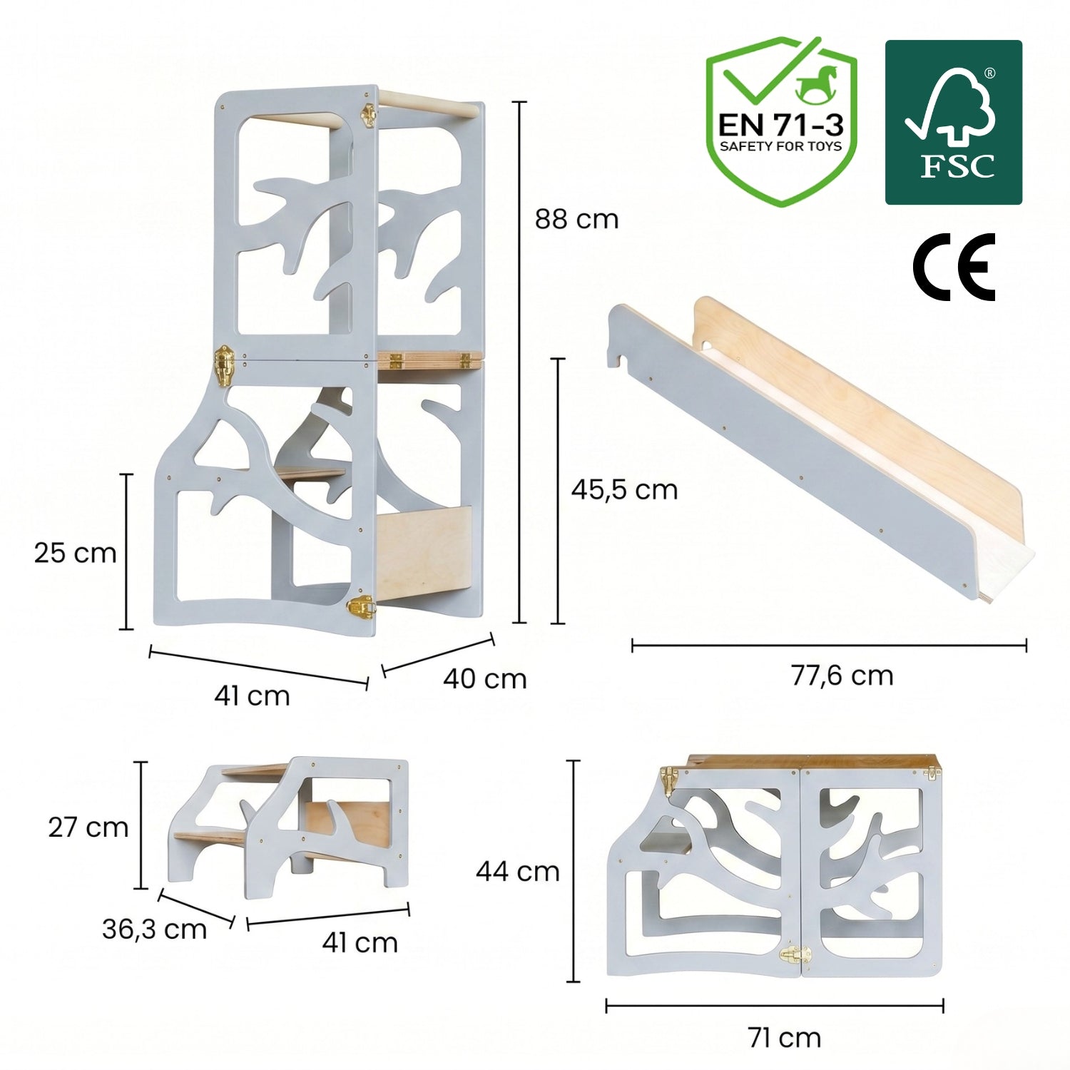 var:grau-lernturm / var:grau-lernturm-rutsche / var:grau-lernturm-hocker / var:grau-lernturm-rutsche-hocker / Baum-Design Lernturm mit Tischfunktion und Zubehör