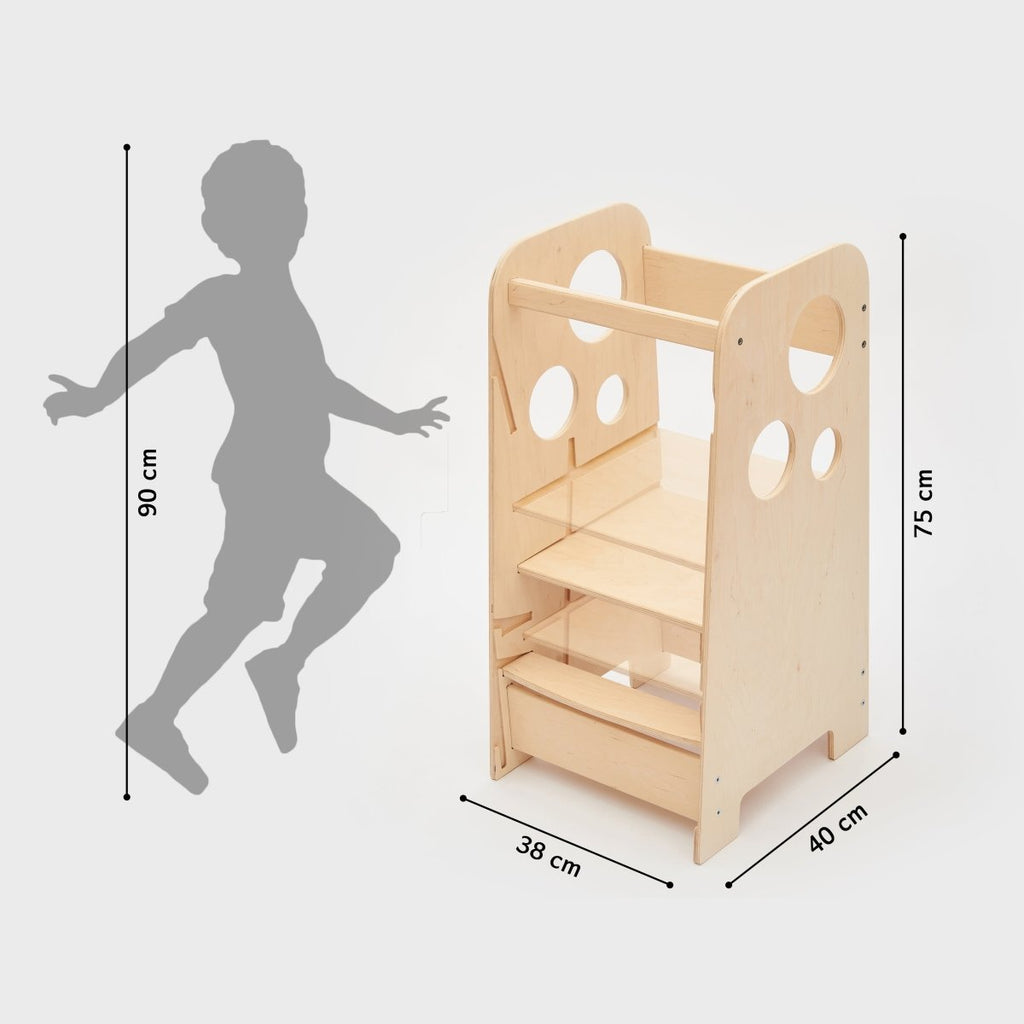 Höhenverstellbarer 2in1 Lernturm - Unbehandelt - mit Gravur - Juniorito