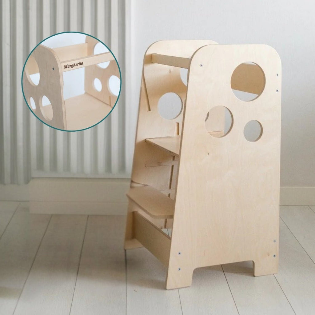 Höhenverstellbarer 2in1 Lernturm - Unbehandelt - mit Gravur - Juniorito