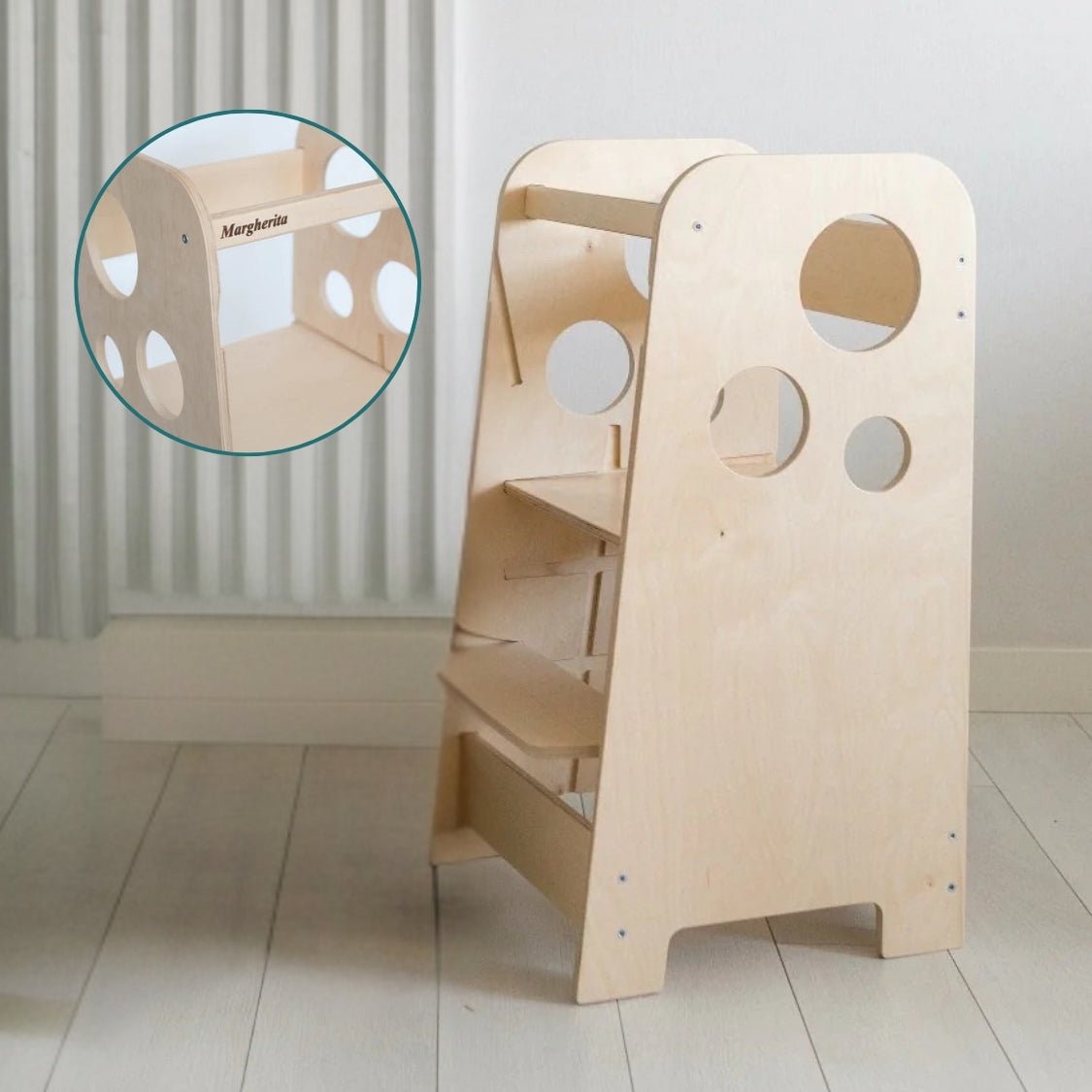 Höhenverstellbarer 2in1 Lernturm - Unbehandelt - mit Gravur - Juniorito