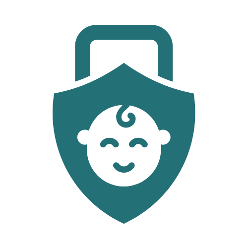 Ein Icon mit einem Kinderkopf innerhalb eines Sicherheitsschlosses als Symbol für kindgerechtes Design & Sicherheit.