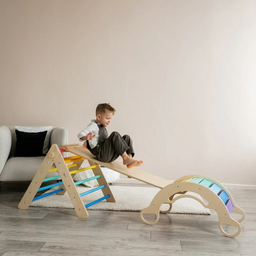 Kletterdreieck und Bogenwippe + Rutsche SET | Bunt - Juniorito