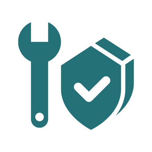 Ein Icon mit einem Schraubenschlüssel und einem Sicherheitssiegel als Symbol für langlebige Qualität.