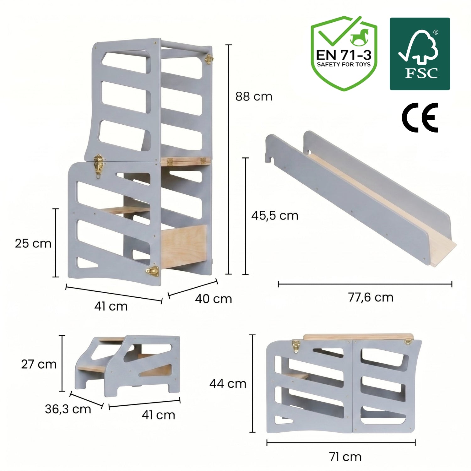 var:grau-lernturm / var:grau-lernturm-rutsche / var:grau-lernturm-hocker / var:grau-lernturm-rutsche-hocker / Streifen-Design Lernturm mit Tischfunktion und Zubehör