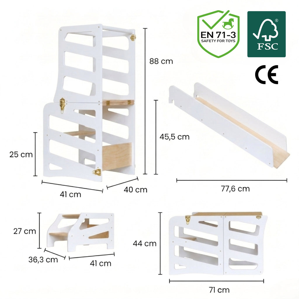 var:weiß-lernturm / var:weiß-lernturm-rutsche / var:weiß-lernturm-hocker / var:weiß-lernturm-rutsche-hocker / Streifen-Design Lernturm mit Tischfunktion und Zubehör