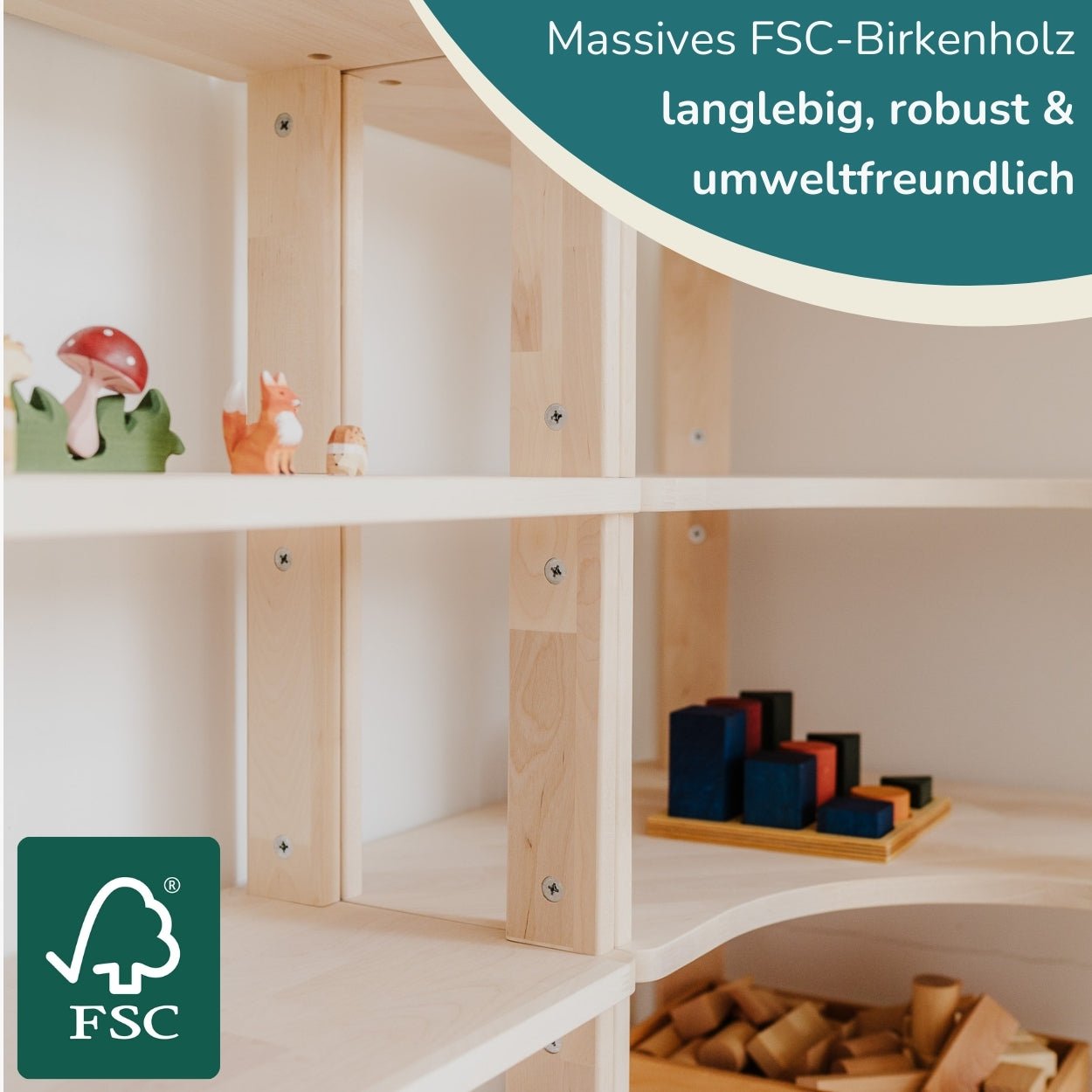 Modulares Bogenregal für Kinder | MODURA - Weiße Farbe + Klares Öl - 3 Etagen | 56 x 120 x 85 cm - Juniorito