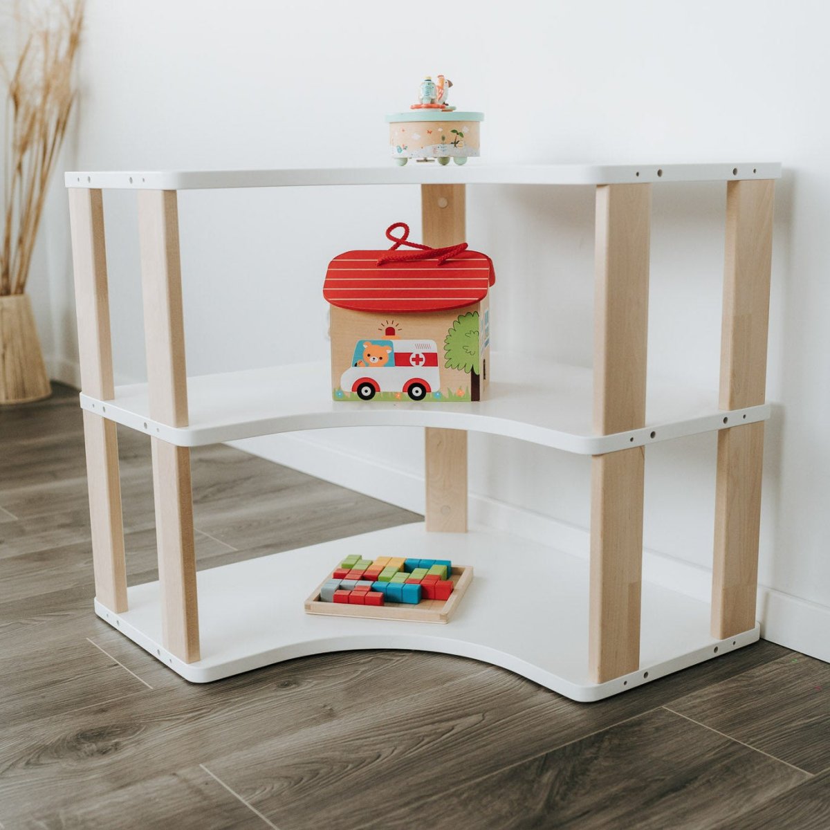 Modulares Eckregal für Kinder | 'MODURA' Kollektion - 3 Etagen (Höhe: 56 cm) - Weiß (Ablagen) + klares Öl (Seitenplanken) - Juniorito