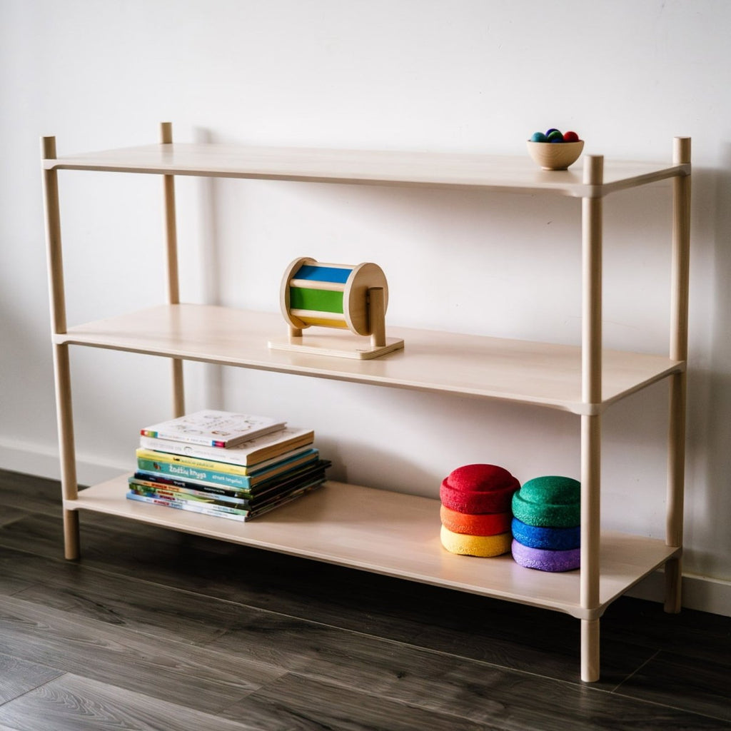 Holzregal der ISKORA Kollektion vor einer weißen Wand mit angeordneten Spielsachen und Büchern vor eienr weißen Wand.