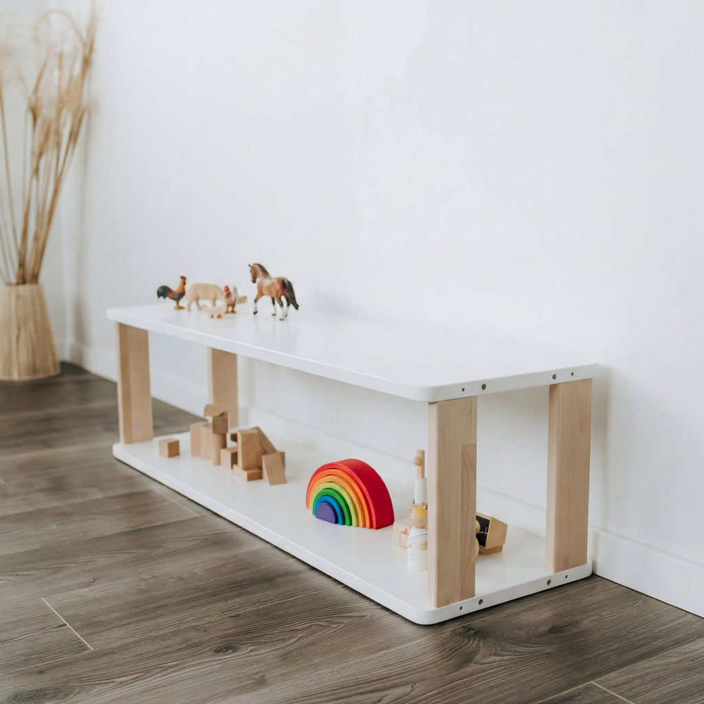 var:weiß-klares-öl-2-ablagen / Modulares Kinderregal – Gerade Seitenansicht