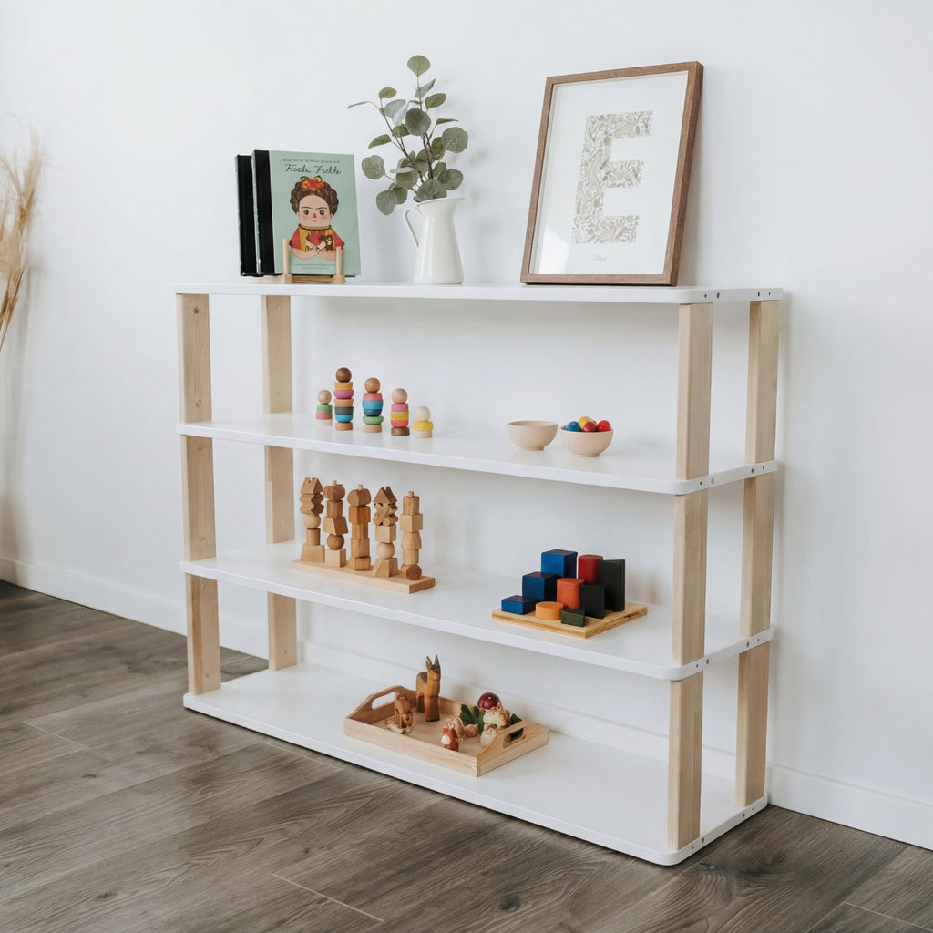 var:weiß-klares-öl-4-ablagen / Modulares Kinderregal – Gerade Seitenansicht