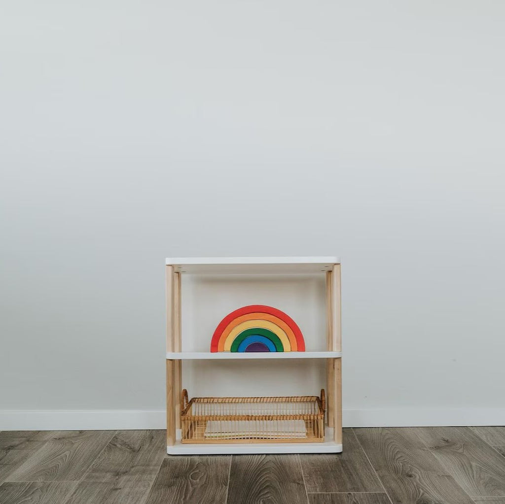 Modulares Kinderregal - Mini | 'MODURA' Kollektion - 3 Etagen (Höhe: 56 cm) - Weiß (Ablagen) + klares Öl (Seitenplanken) - Juniorito