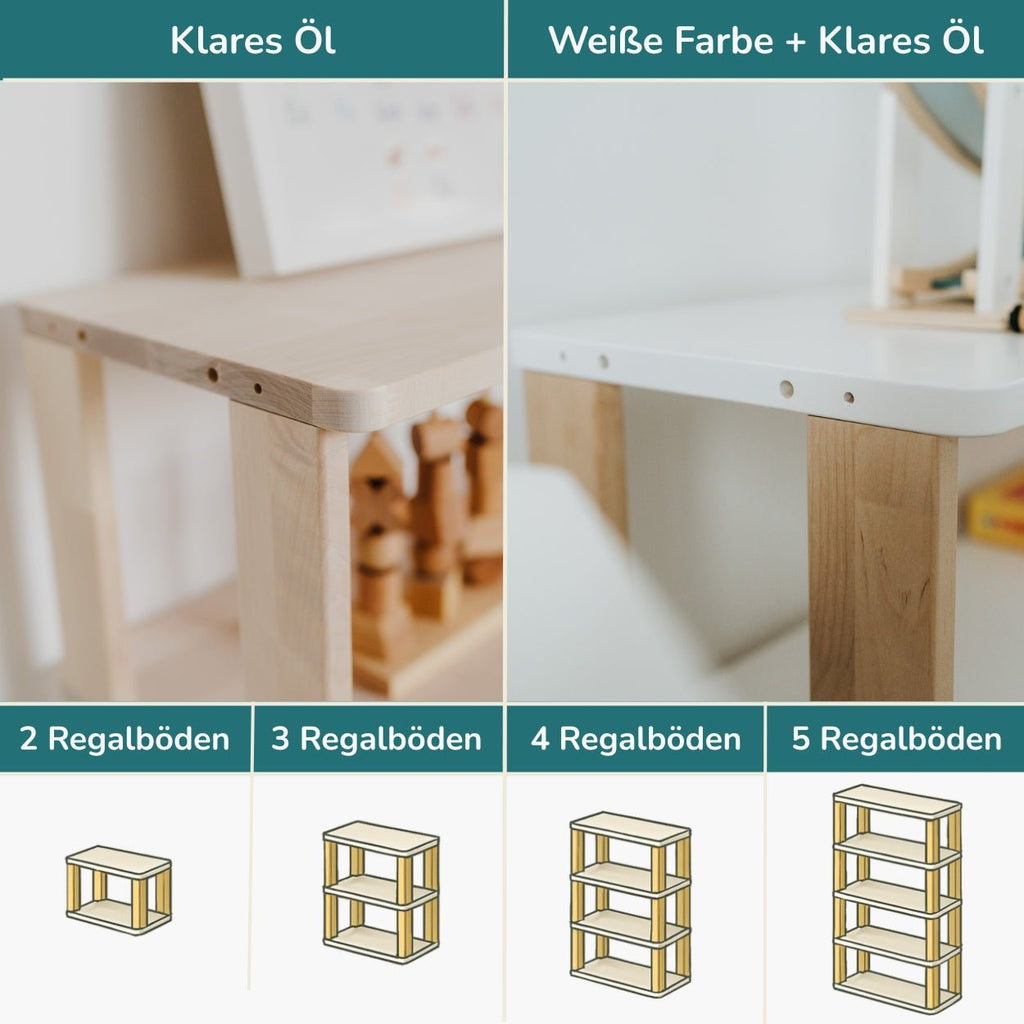 Modulares Kinderregal - Mini | MODURA - Weiße Farbe + Klares Öl - 4 Böden | 83 x 50 x 30 cm - Juniorito