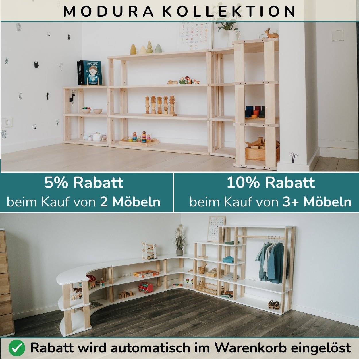 Modulares Kinderregal - Mini | MODURA - Weiße Farbe + Klares Öl - 4 Böden | 83 x 50 x 30 cm - Juniorito