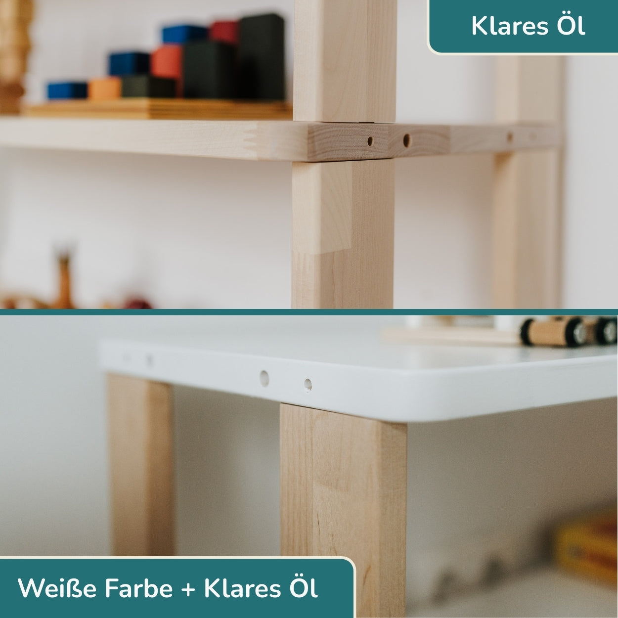 Infografik mit Nahaufnahmen der Optionen "Weiß + Klares Öl" und "Klares Öl" des Montessori Kleiderschranks.