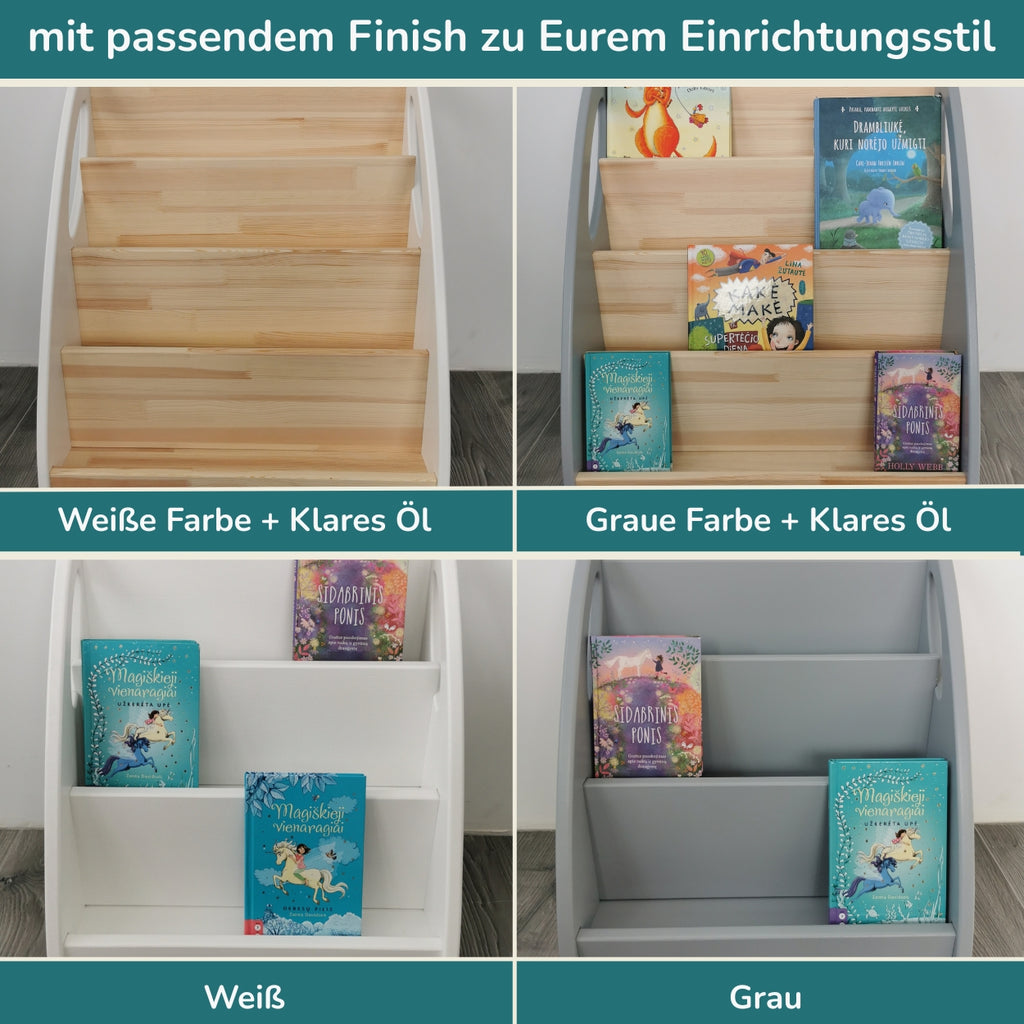 Infografik mit 4 Bildern, die das Montessori Regal für Bücher mit verschiedenen Beschichtungen zeigt: Weiße Farbe  + Klares Öl, Graue Farbe  Klares Öl, Weiß & grau.